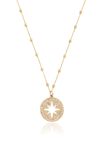 Diamond Pavé Large Compass Necklace on Lunar Chain in Yellow Gold