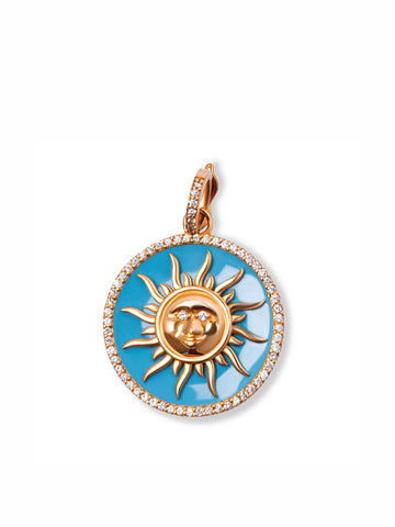 L.A. STEIN Diamond Sun Pendant Large with Turquoise Enamel in 18k Yellow Gold