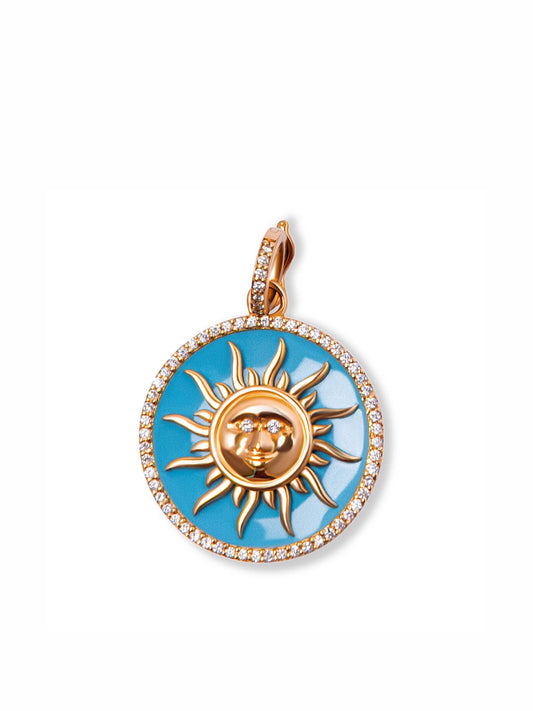 L.A. STEIN Diamond Sun Pendant Large with Turquoise Enamel in 18k Yellow Gold