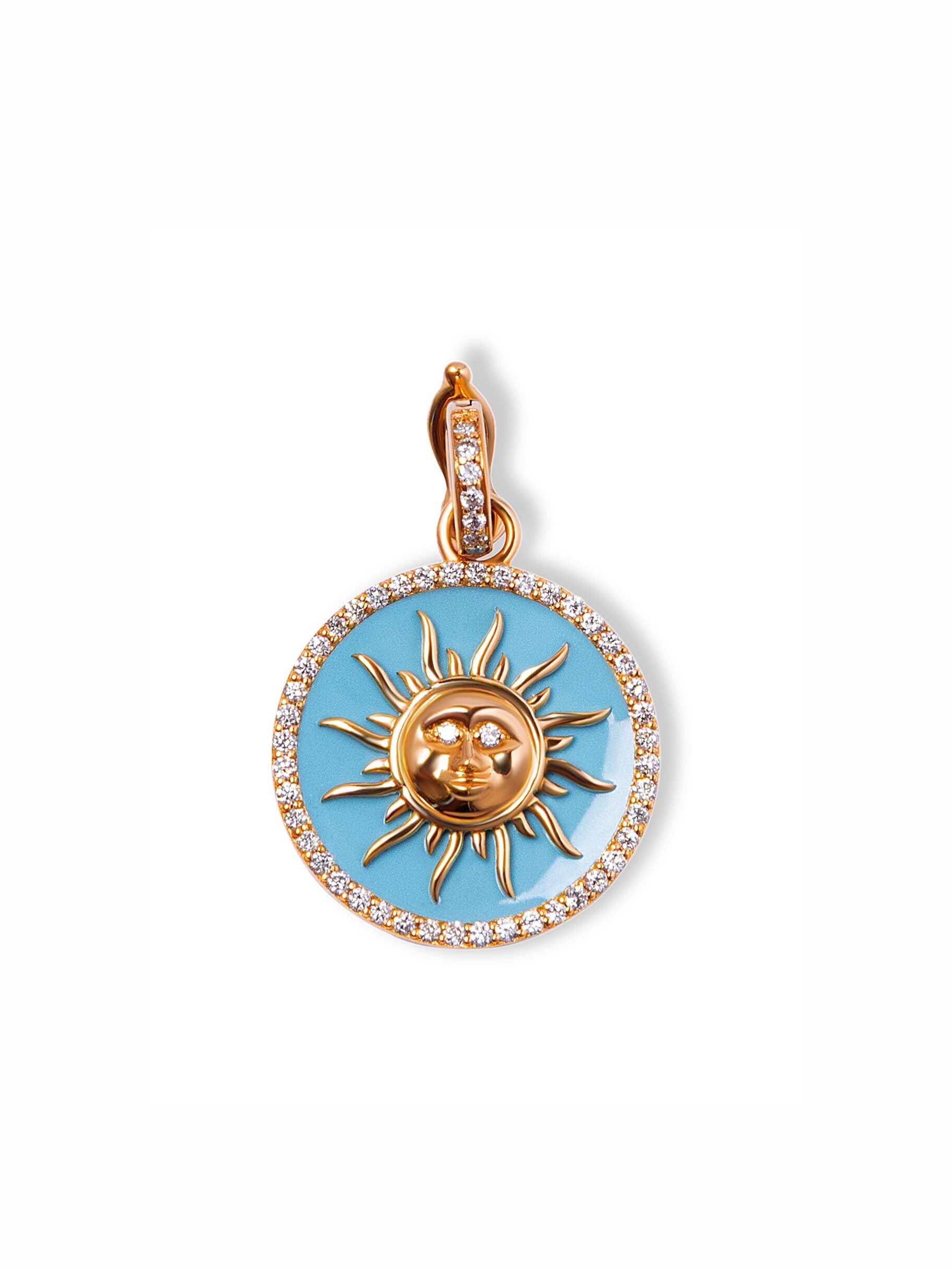 Diamond Sun Pendant Small with Turquoise Enamel in 18k Yellow Gold