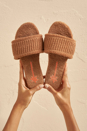 MANEBÍ Terry Cotton Slide Sandals in Cuero and Orange Palm