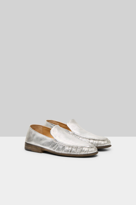 MARSÈLL Laminated Leather Loafer Shoe in Silver Foil