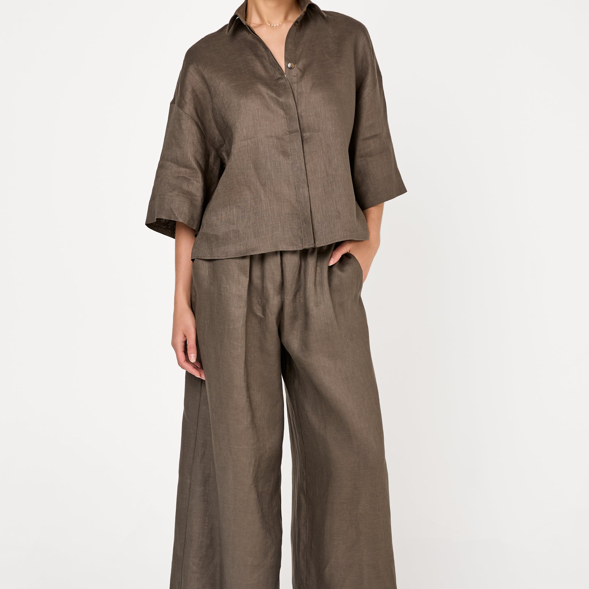 Minnie Linen Wide Trouser in Dark Green