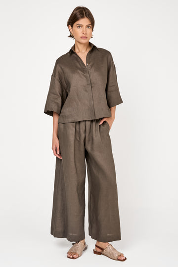 Minnie Linen Wide Trouser in Dark Green