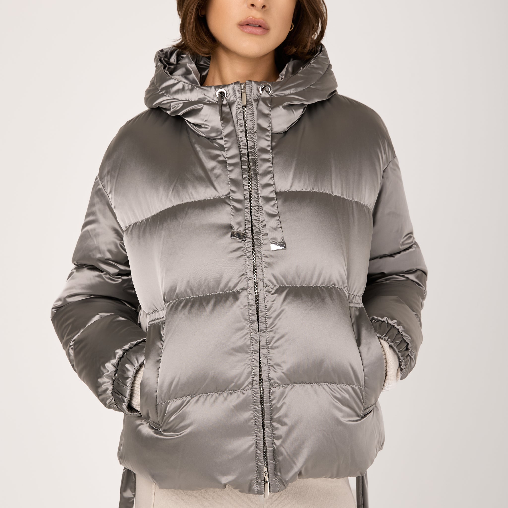 Crochet Puffer Jacket in Pale Silver