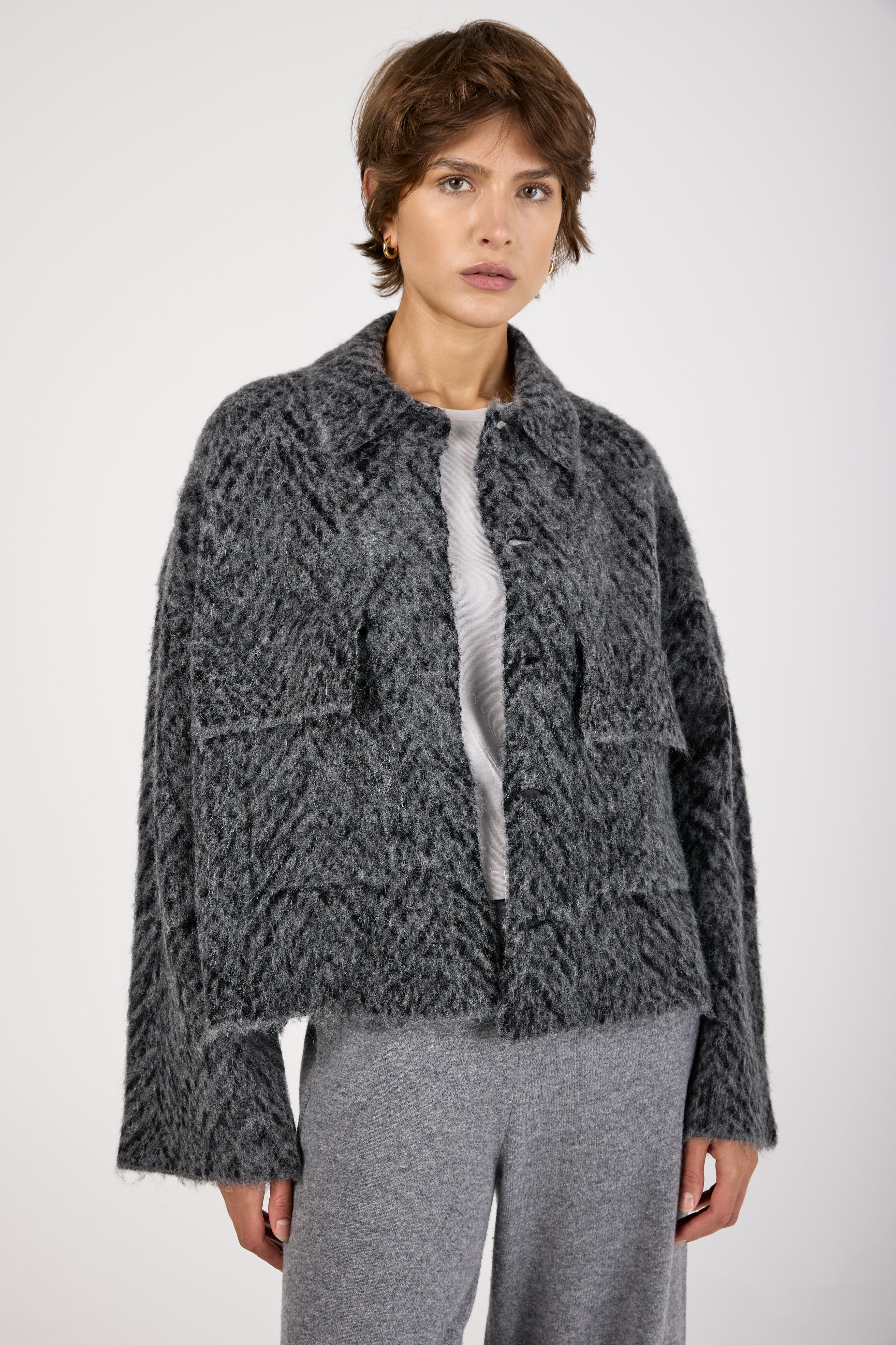 Knit Jacquard Chevron Jacket in Grey Black