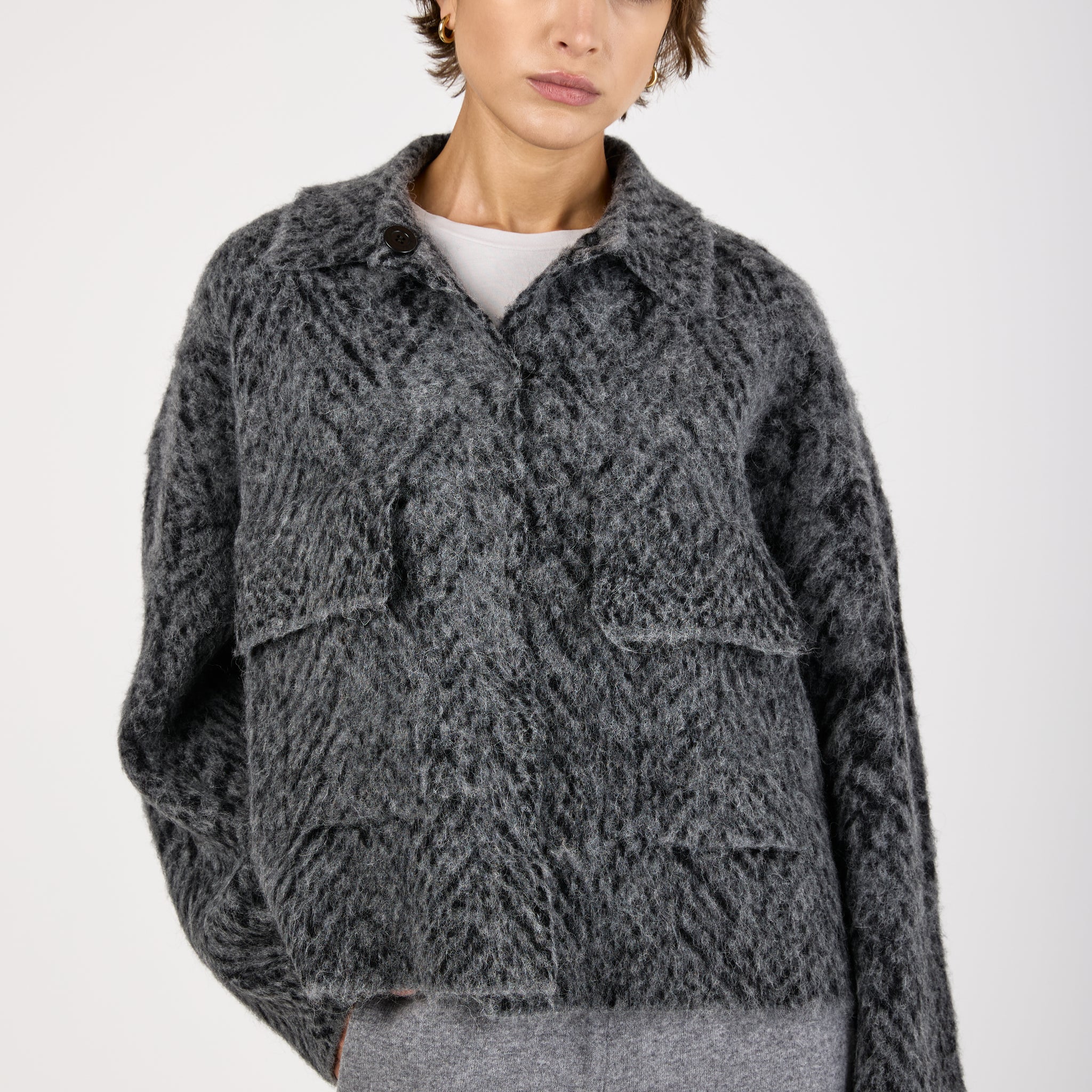 Knit Jacquard Chevron Jacket in Grey Black