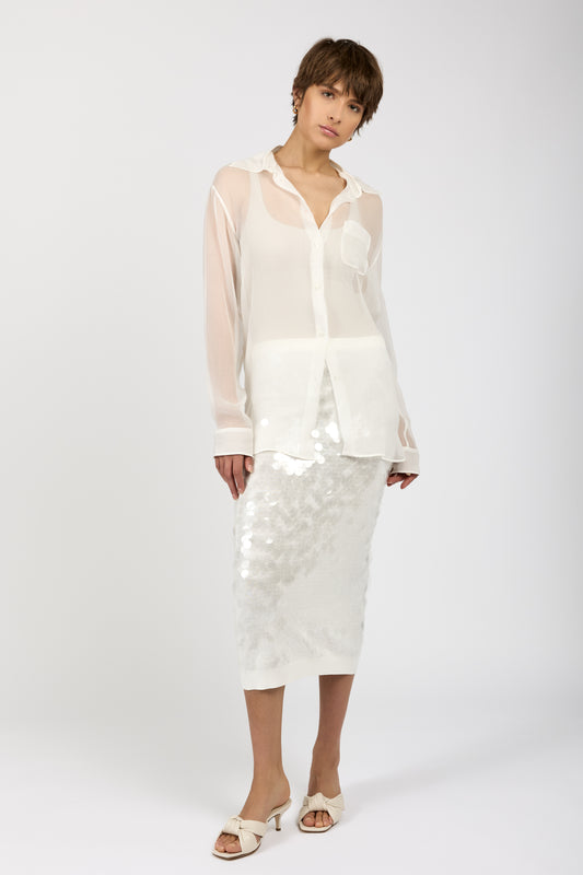 N°21 Sequined Cotton Midi Skirt in Milky White
