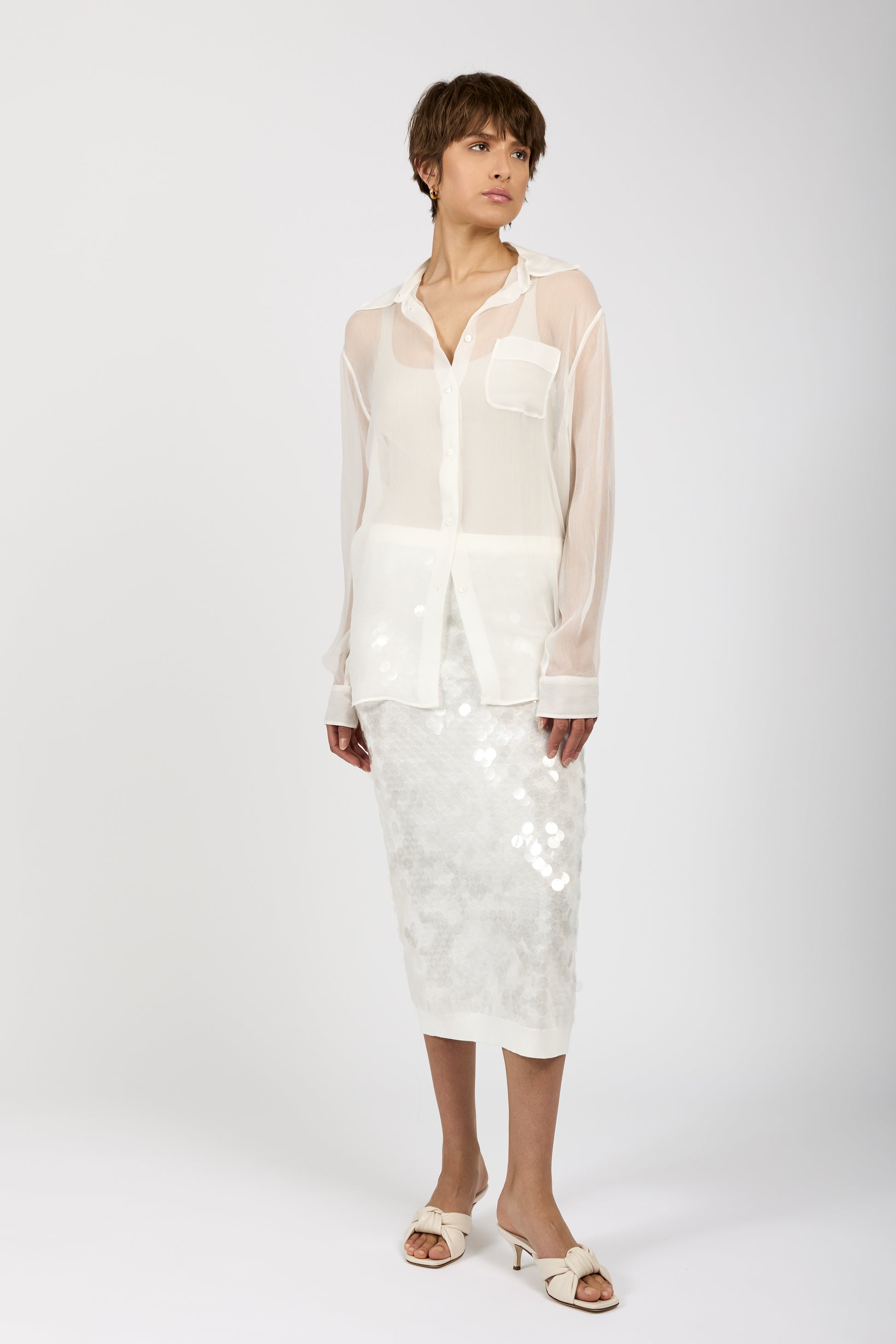 N°21 Sequined Cotton Midi Skirt in Milky White