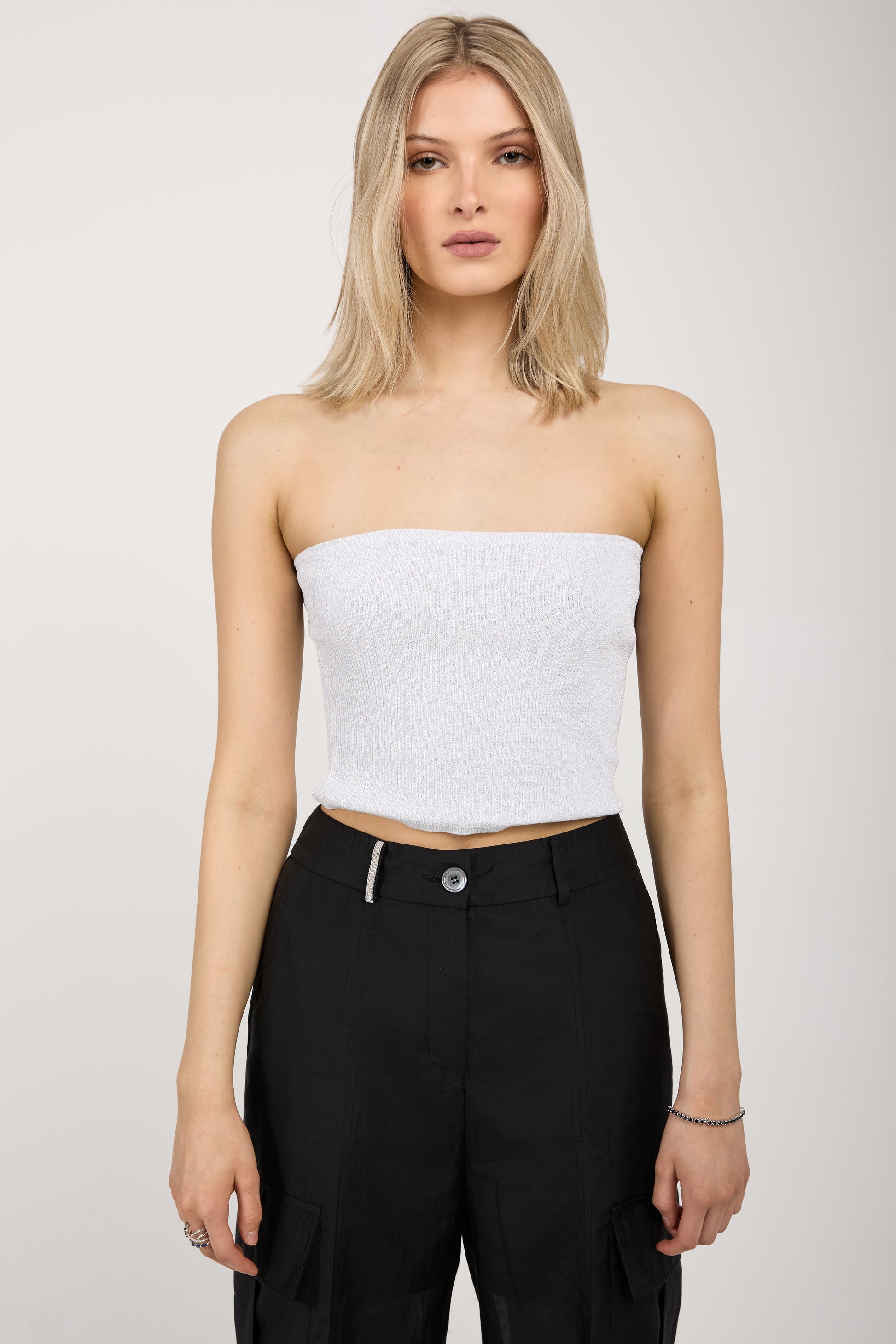 PESERICO Cotton Knit Bustier Top in White with Silver Lurex