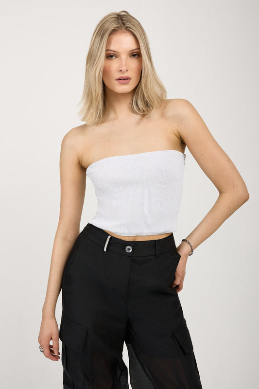 PESERICO Cotton Knit Bustier Top in White with Silver Lurex