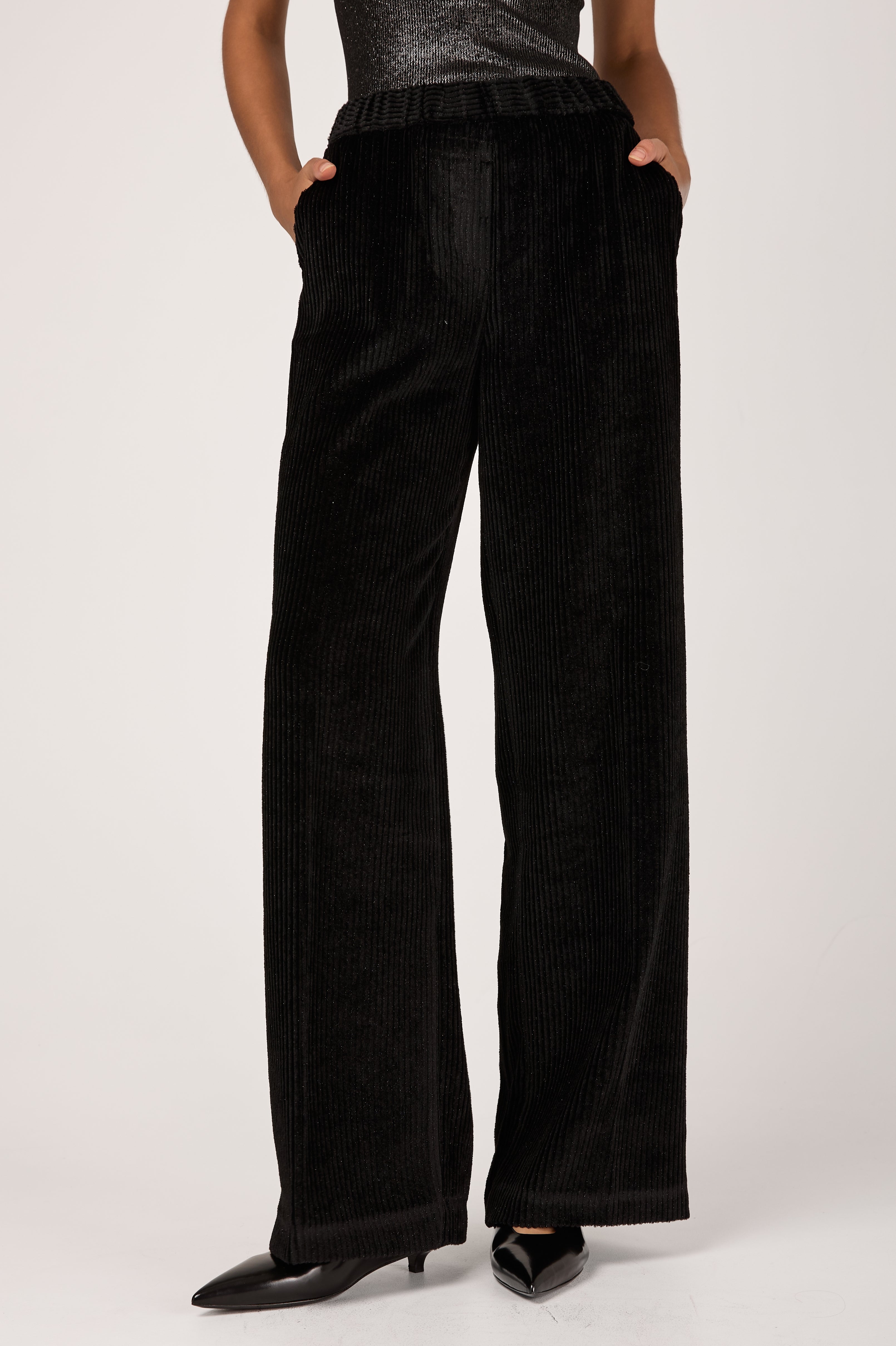 Fluid Viscose Jumbo Cord Velvet Pant in Lurex Absolute Black