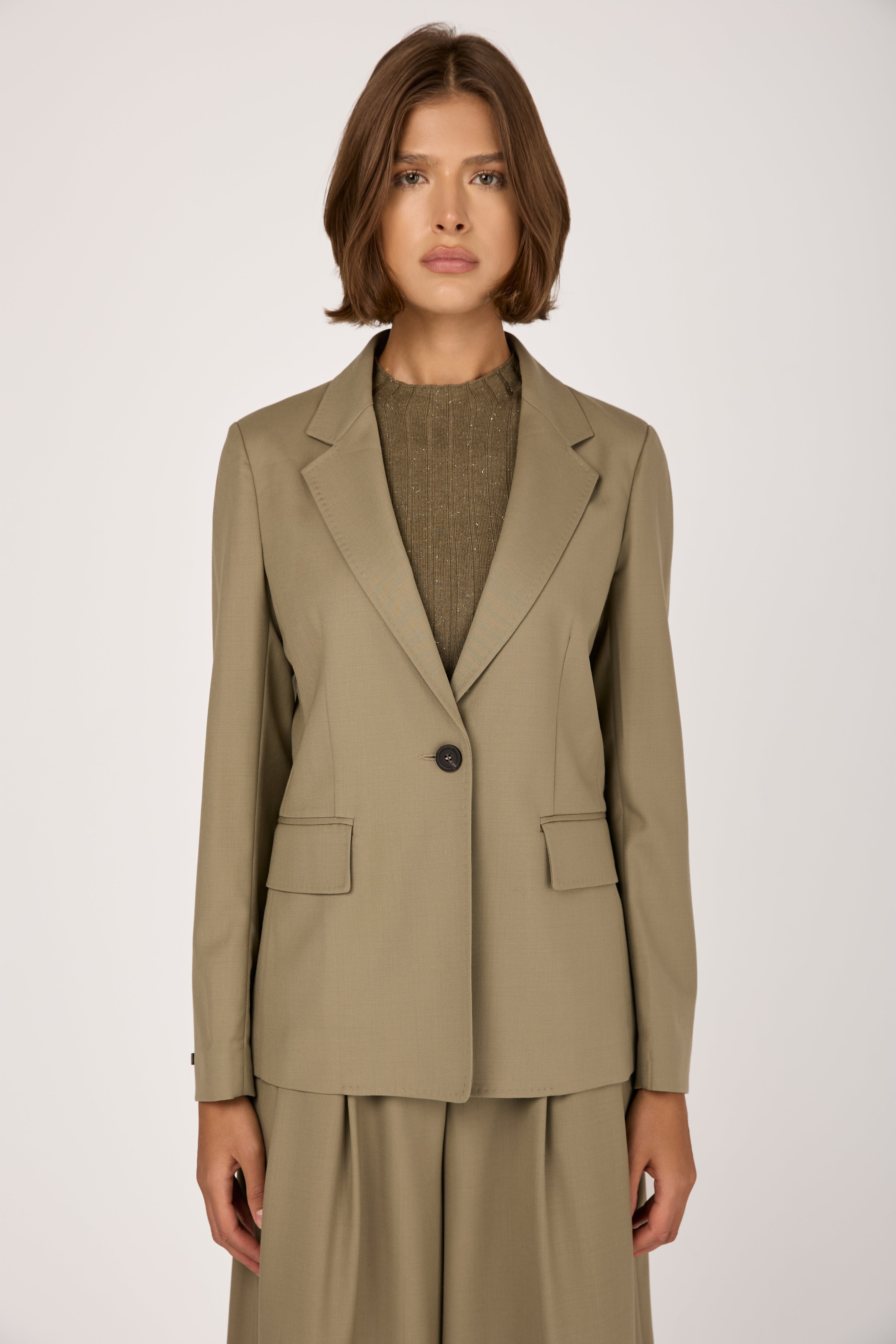 Fluid Wool Twill Blazer Jacket in Clay Green