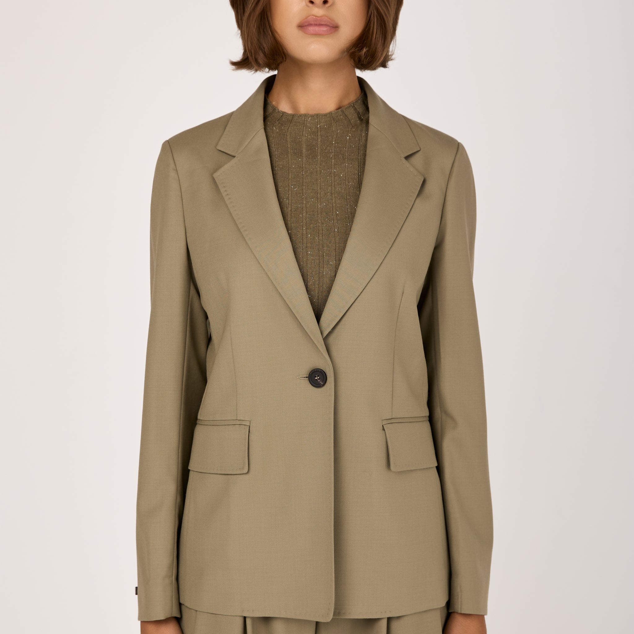 Fluid Wool Twill Blazer Jacket in Clay Green