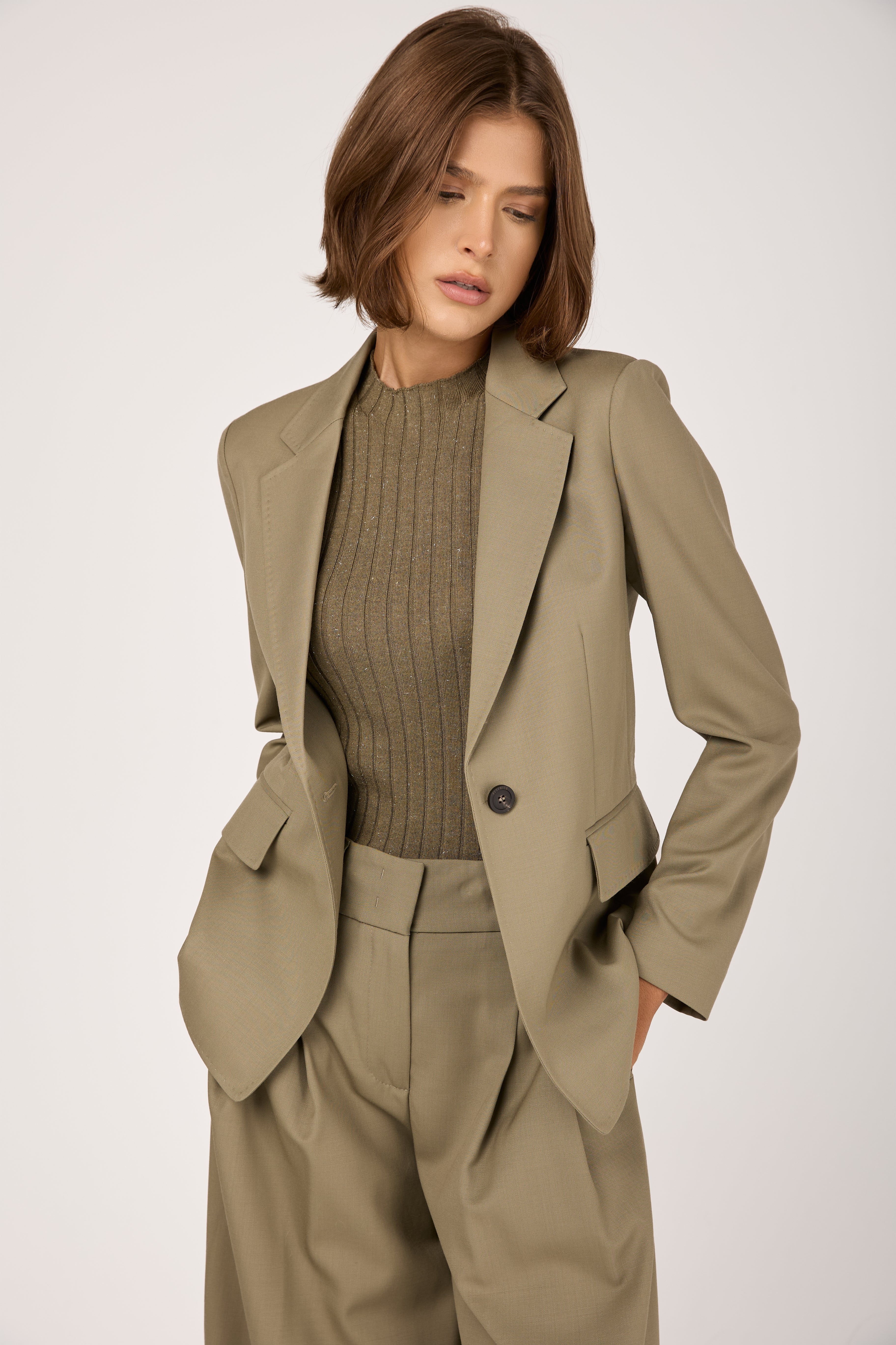 Fluid Wool Twill Blazer Jacket in Clay Green