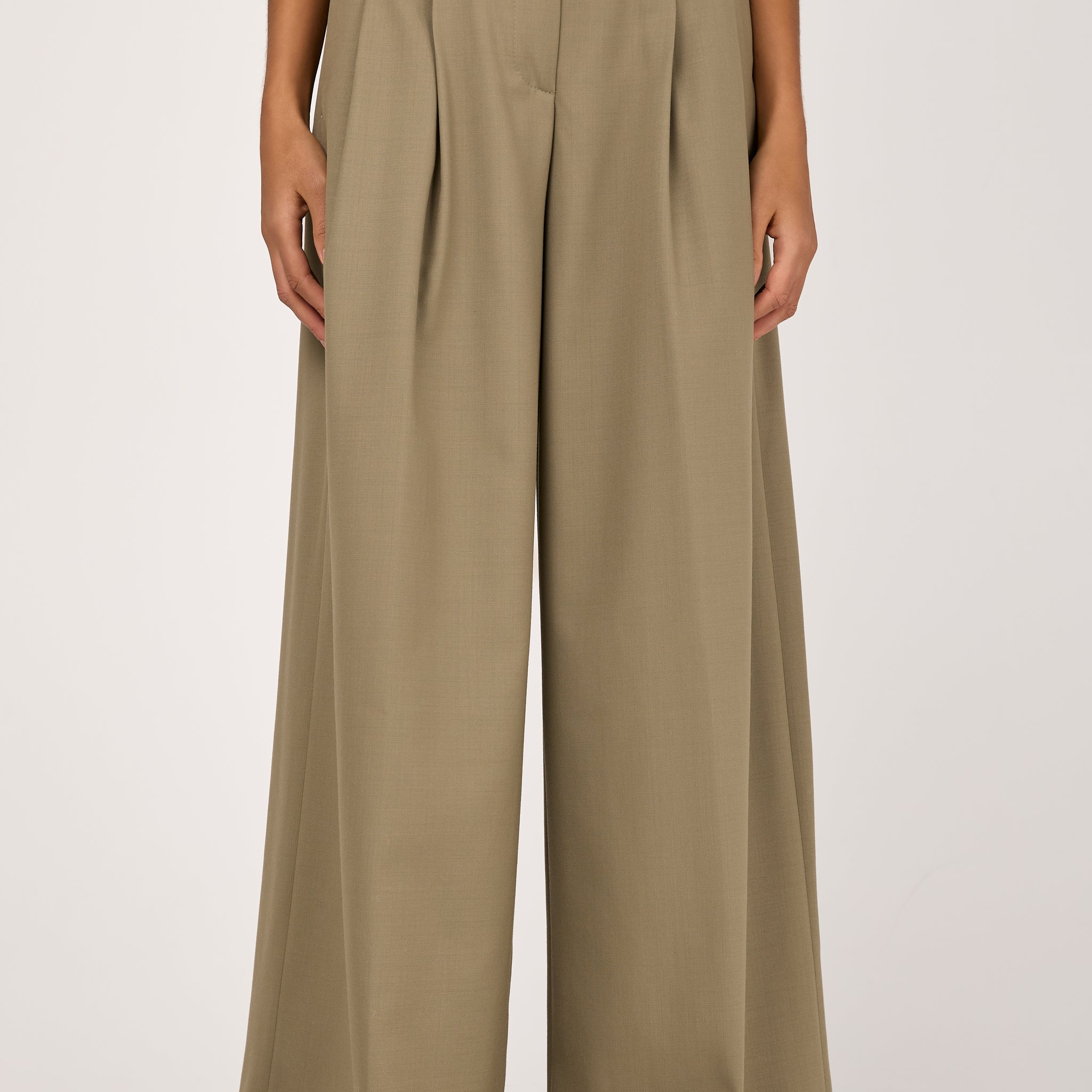 Fluid Wool Twill Palazzo Trouser Pant in Clay Green