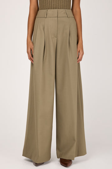 Fluid Wool Twill Palazzo Trouser Pant in Clay Green