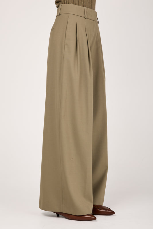 Fluid Wool Twill Palazzo Trouser Pant in Clay Green