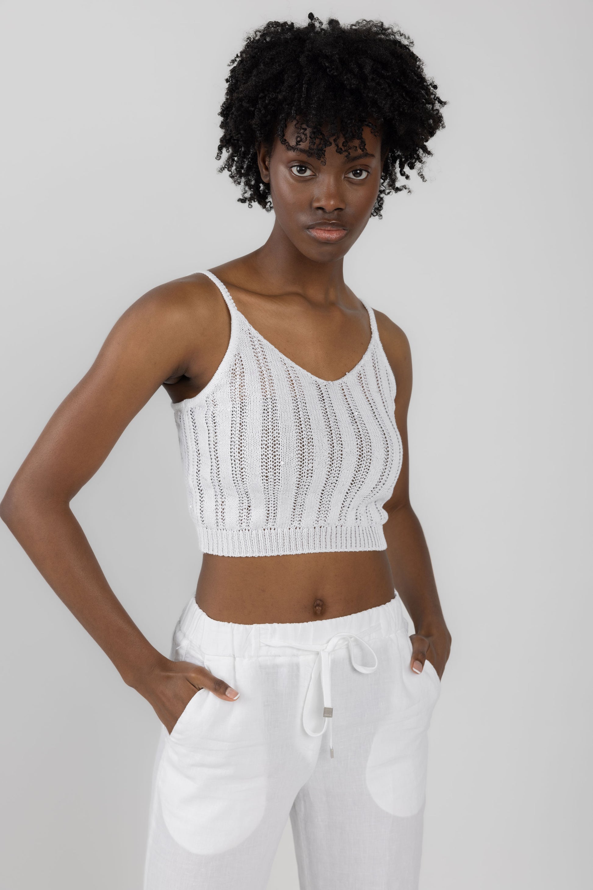 PESERICO Knit Tank Top with Paillettes in Pottery White