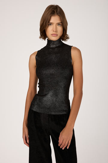 Laminated Viscose Knitted Top in Absolute Black