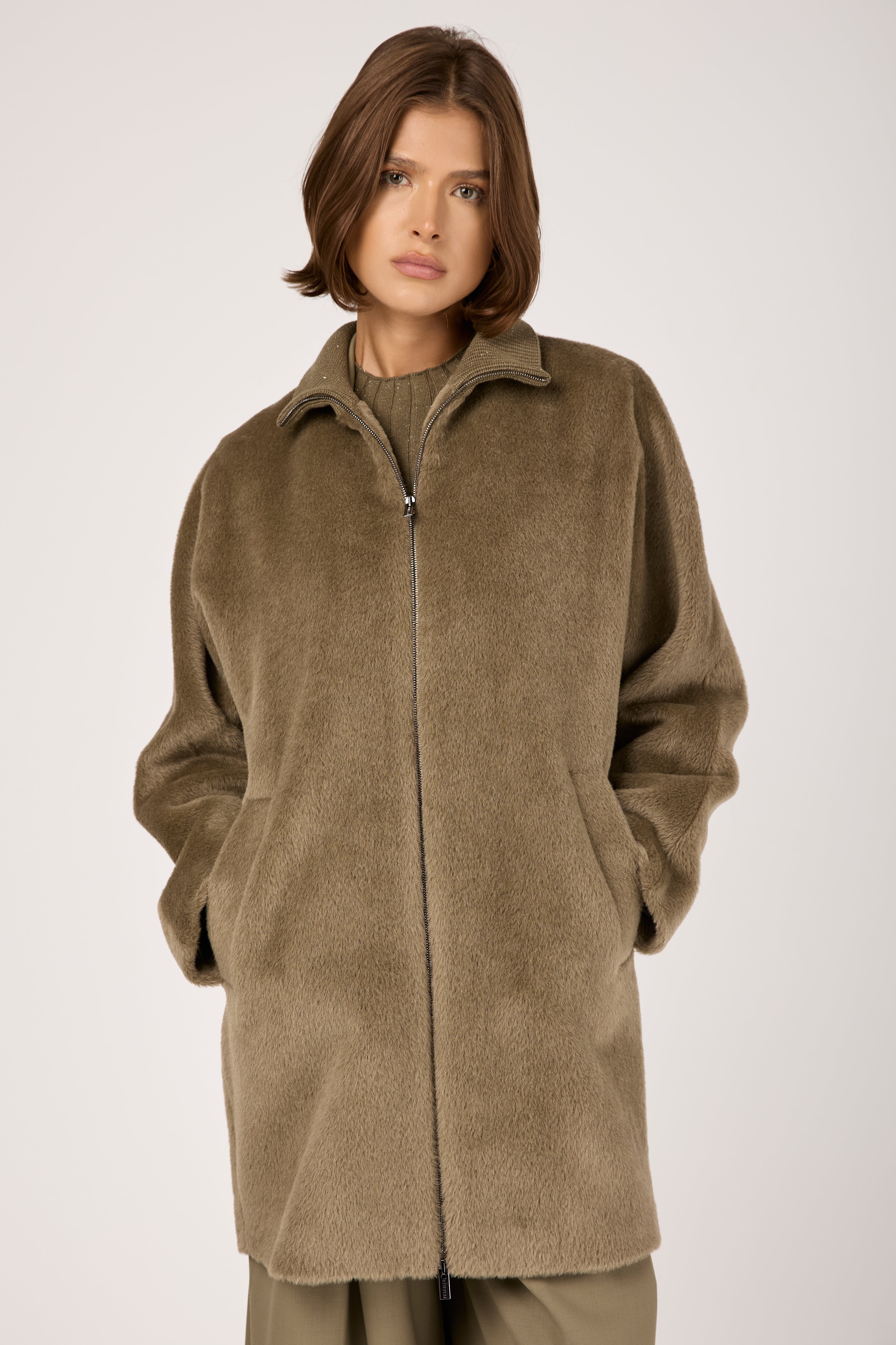 Long-Haired Alpaca Velour Coat in Clay Green