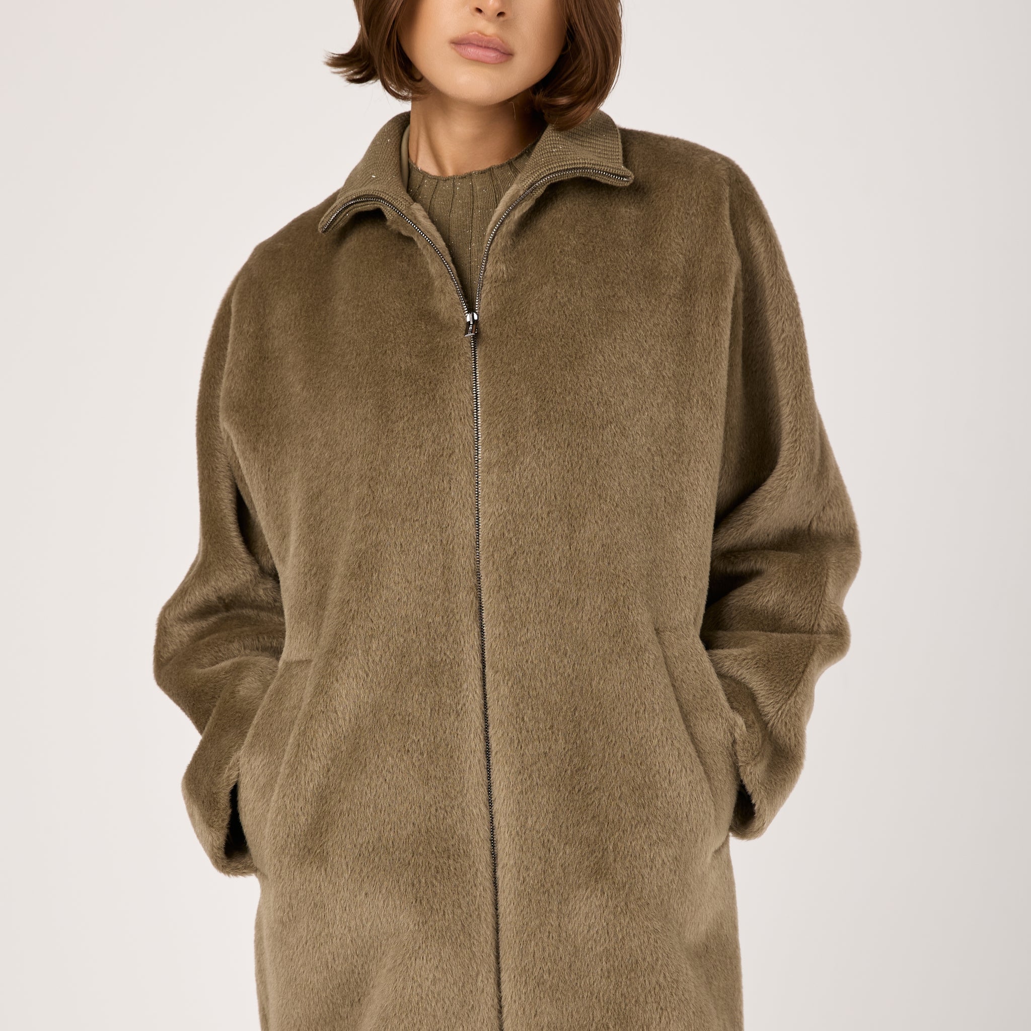 Long-Haired Alpaca Velour Coat in Clay Green