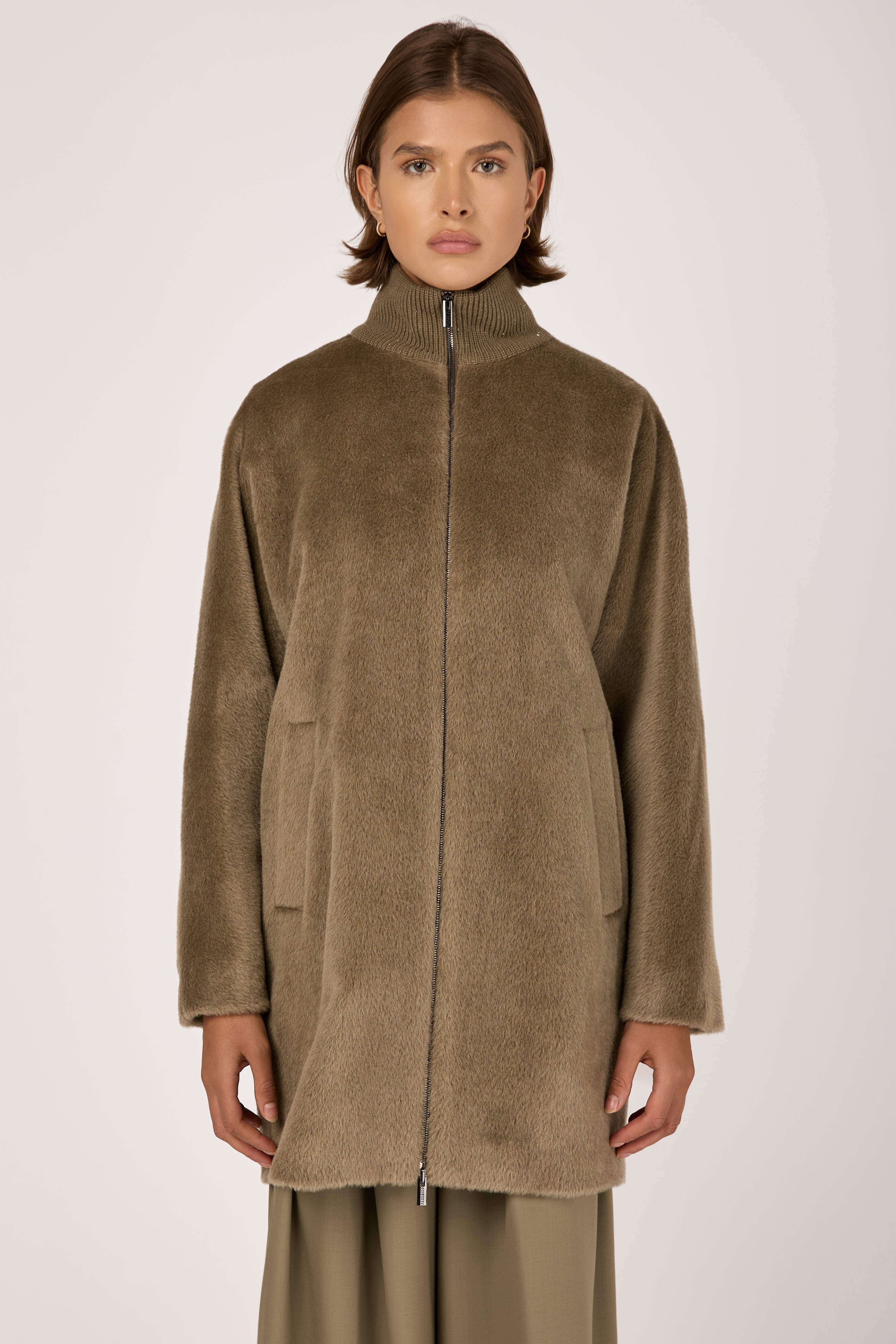 Peserico Long Haired Alpaca Coat | Clay Green | T. Boutique