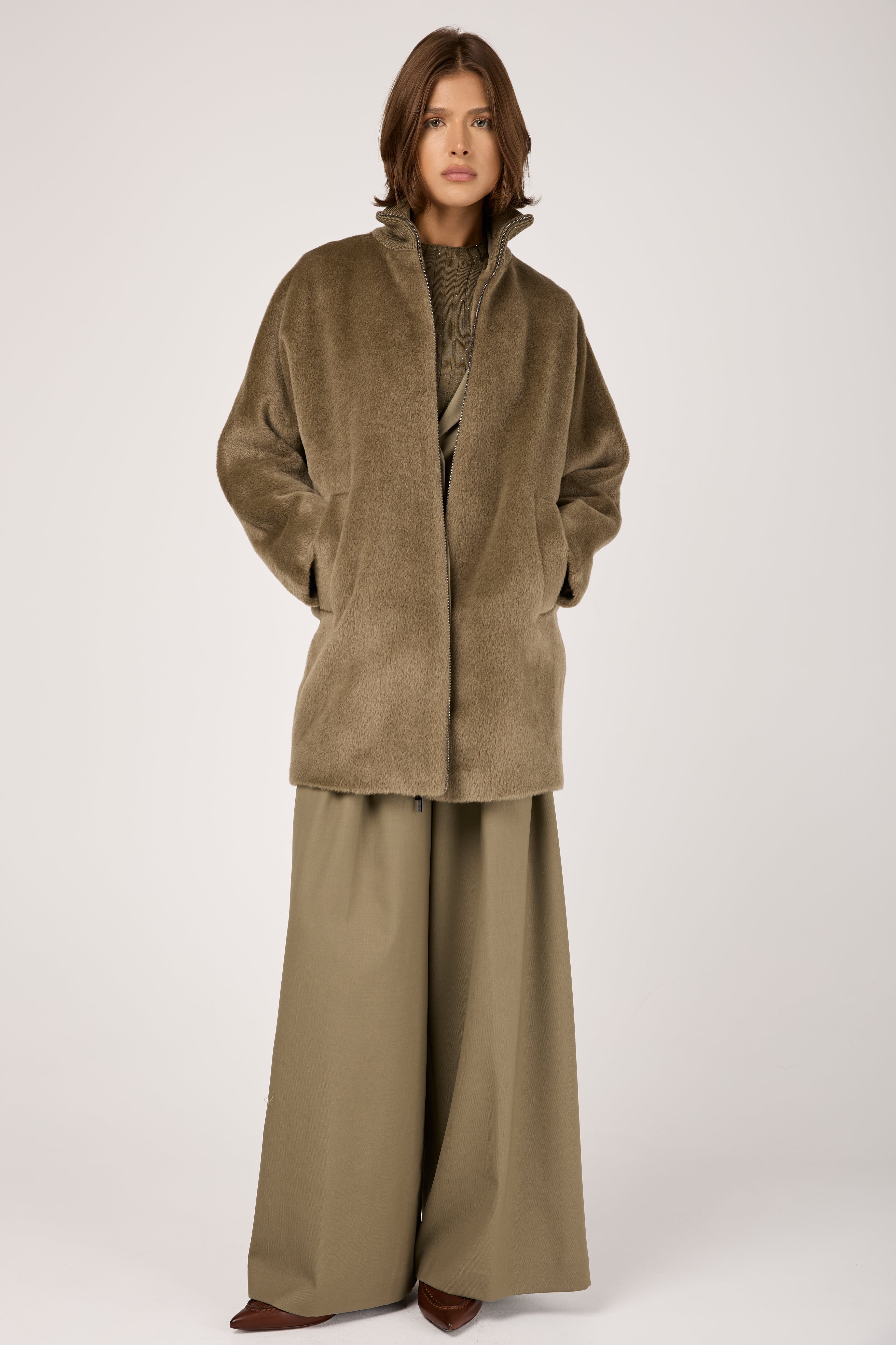 Long-Haired Alpaca Velour Coat in Clay Green