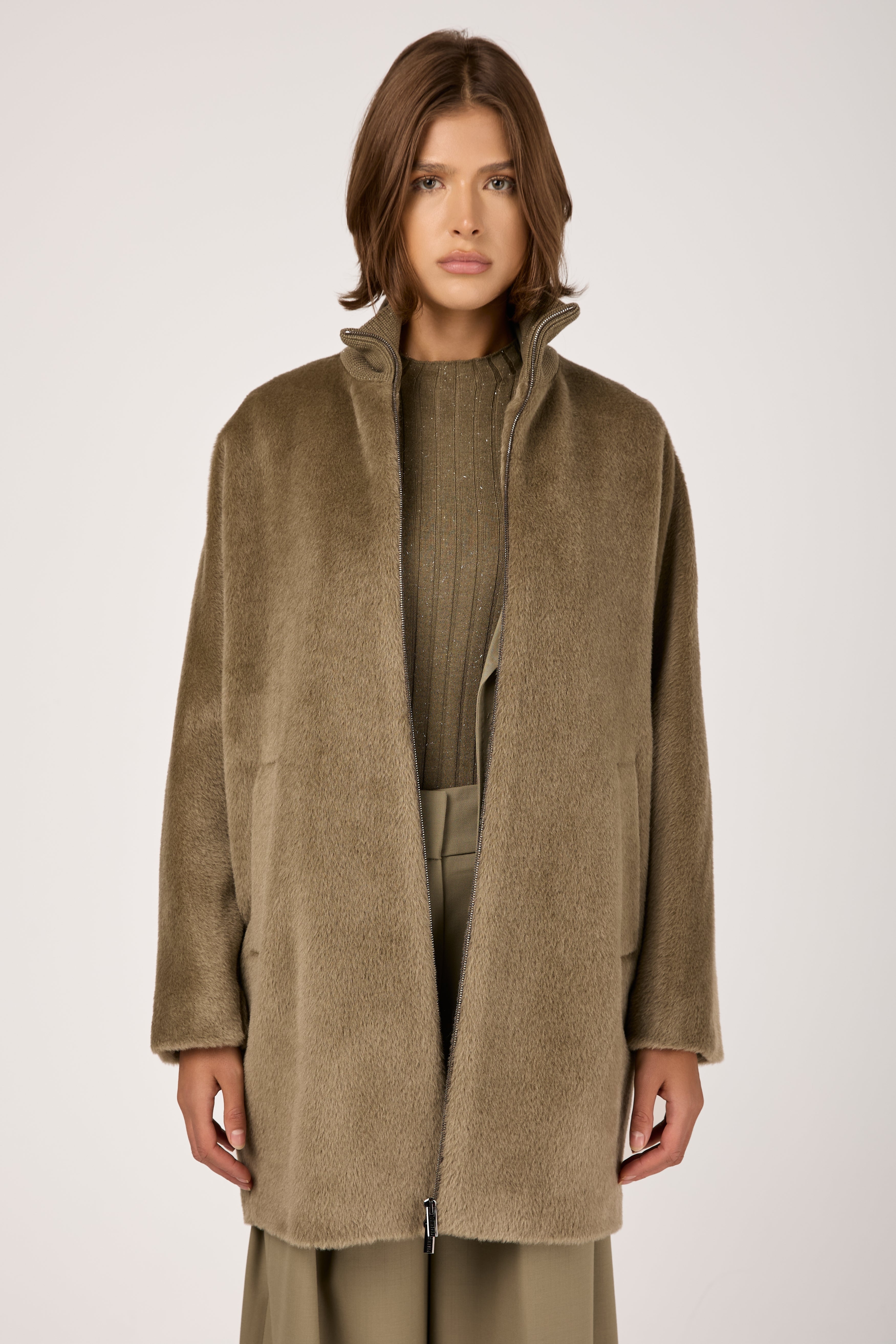 Peserico Long Haired Alpaca Coat | Clay Green | T. Boutique