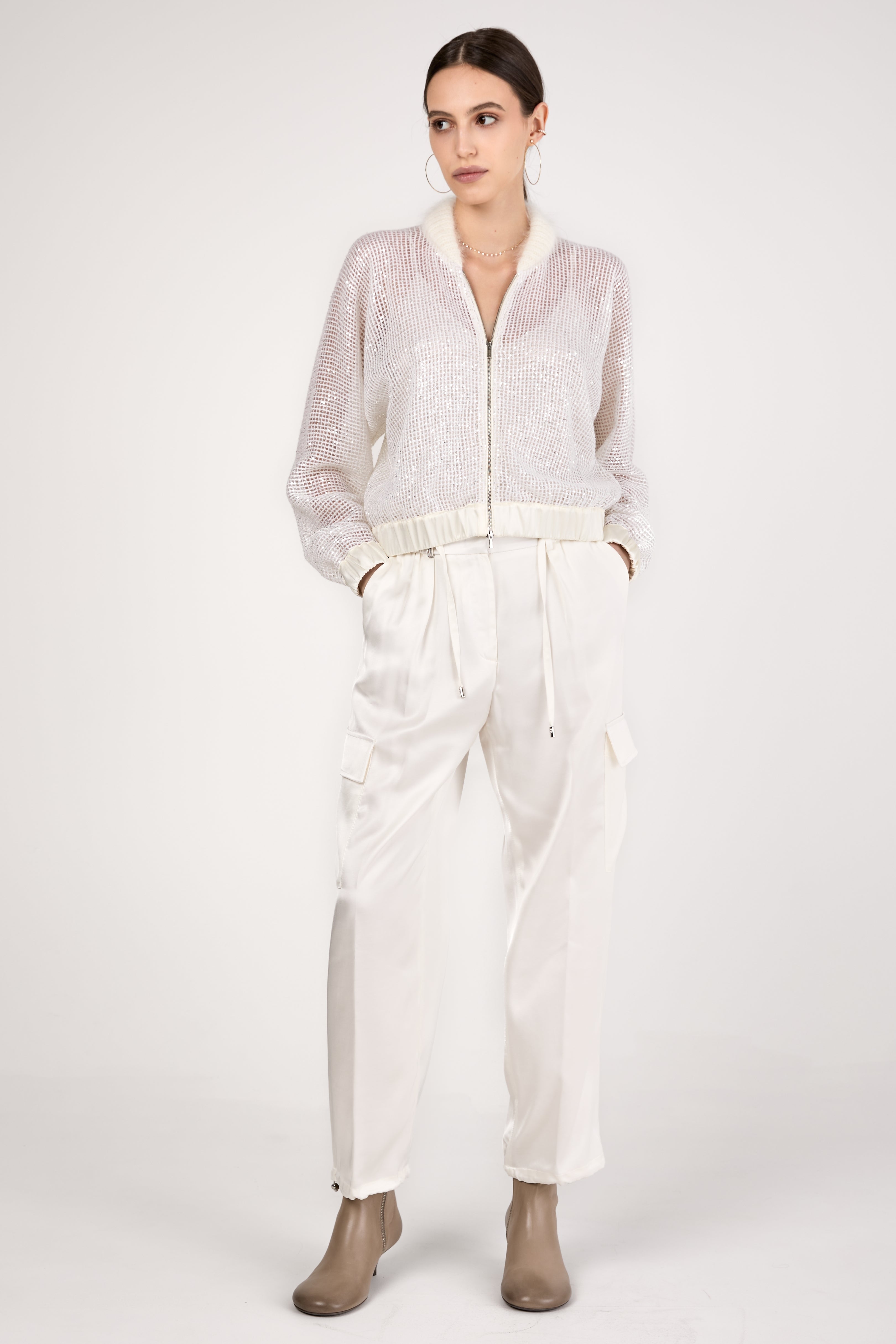 Viscose Satin Cargo Pant in Natural White