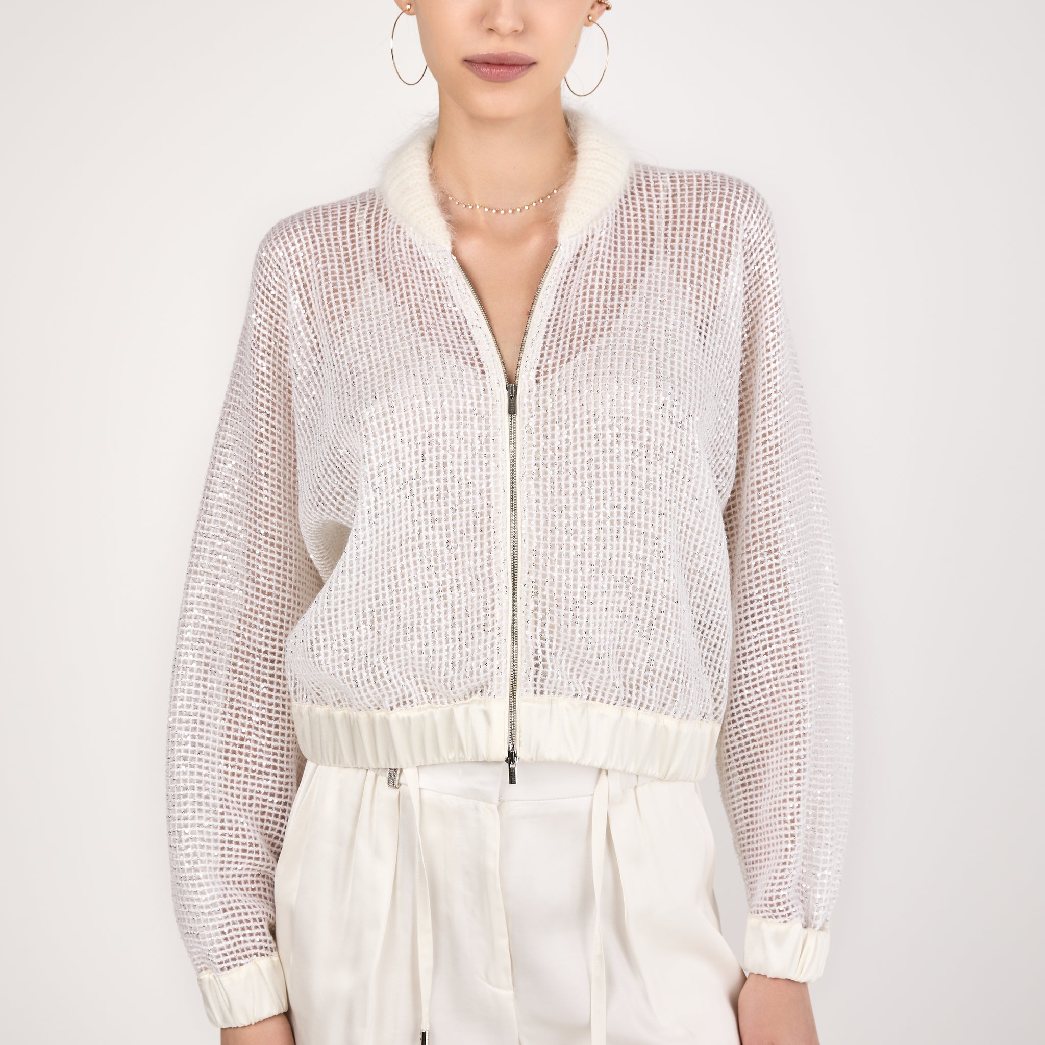 Sequined Mesh Bomber Jacket in Natural White