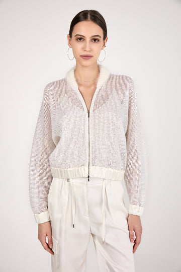 Sequined Mesh Bomber Jacket in Natural White