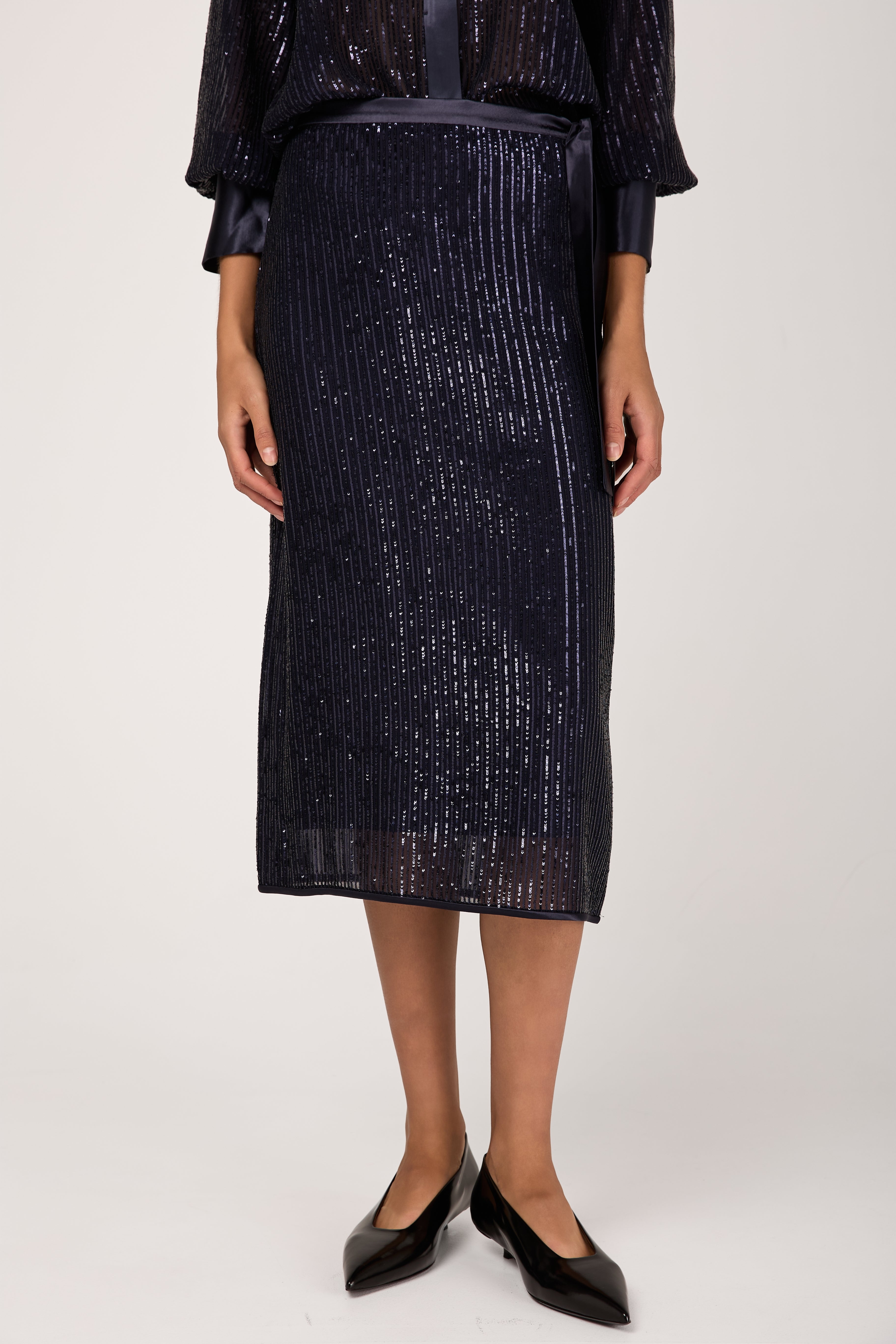 Sequinned Pinstripe Midi Skirt in Blue Starry Sky