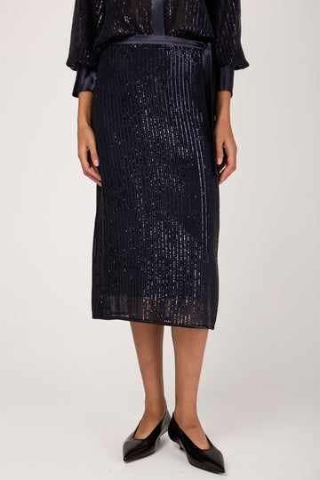 Sequinned Pinstripe Midi Skirt in Blue Starry Sky