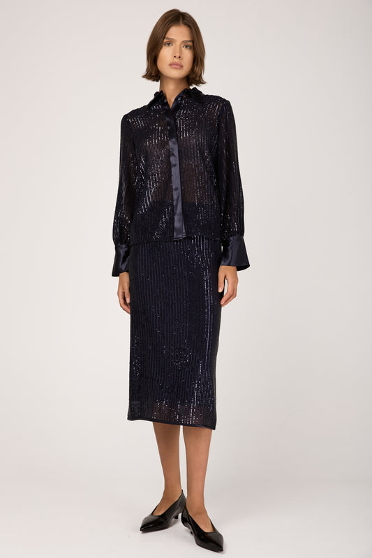 Sequinned Pinstripe Midi Skirt in Blue Starry Sky