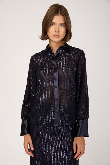 Sequinned Pinstripe Shirt in Blue Starry Sky