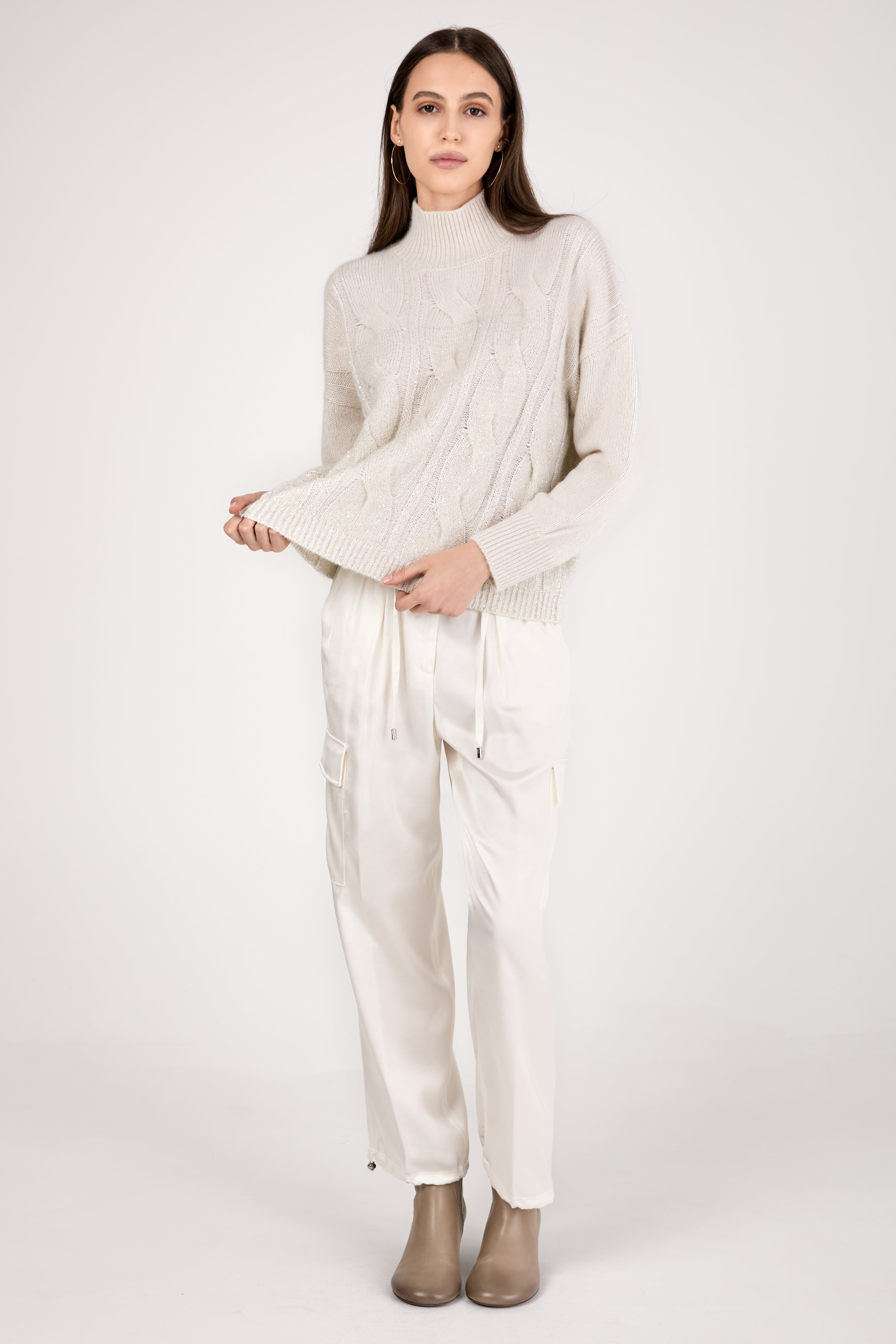 Turtleneck Knitted Sweater with Sequins in Natural White