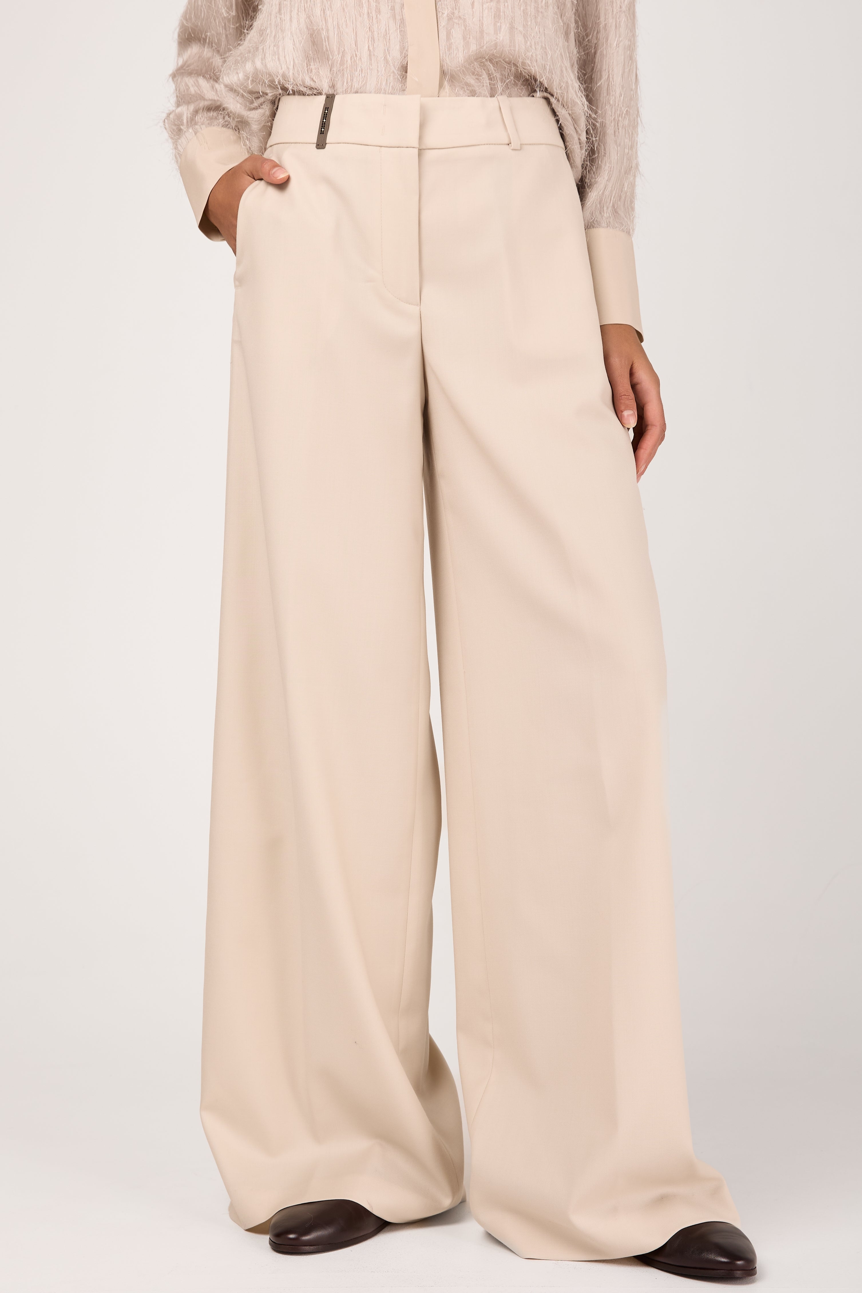 Wool Twill Palazzo Trouser Pant in Amber Beige