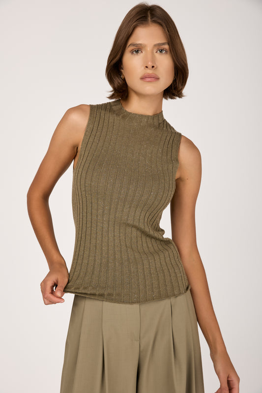 Wool Viscose Knitted Top in Lurex Clay Green