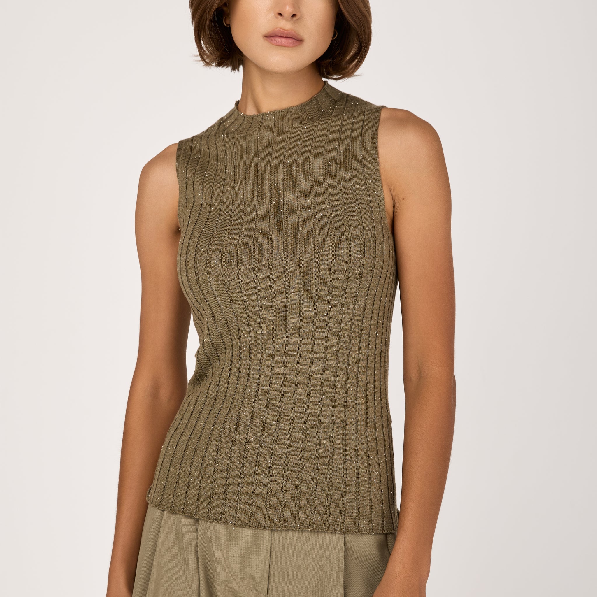 Wool Viscose Knitted Top in Lurex Clay Green