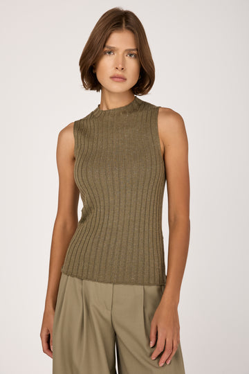 Wool Viscose Knitted Top in Lurex Clay Green