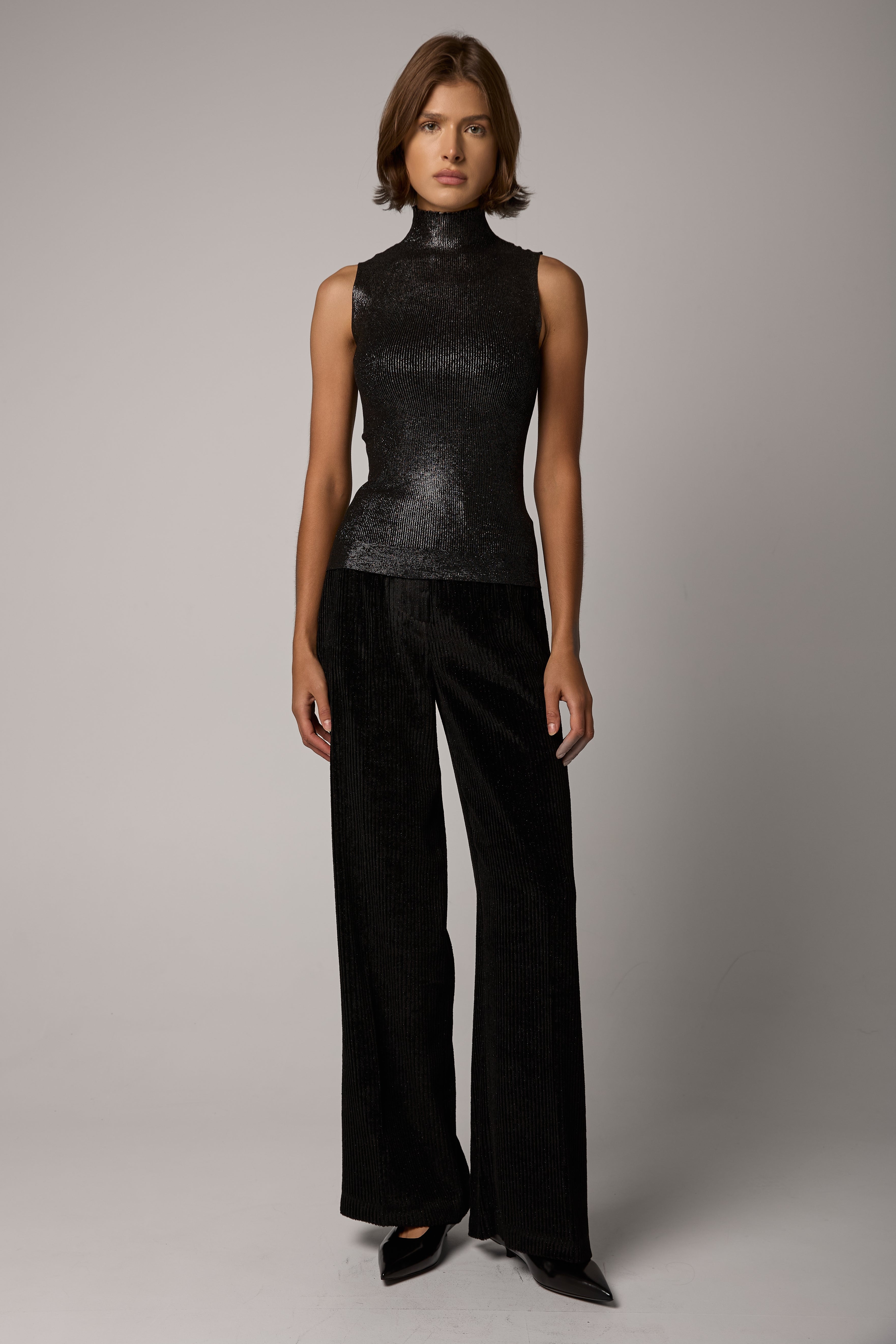 Laminated Viscose Knitted Top in Absolute Black