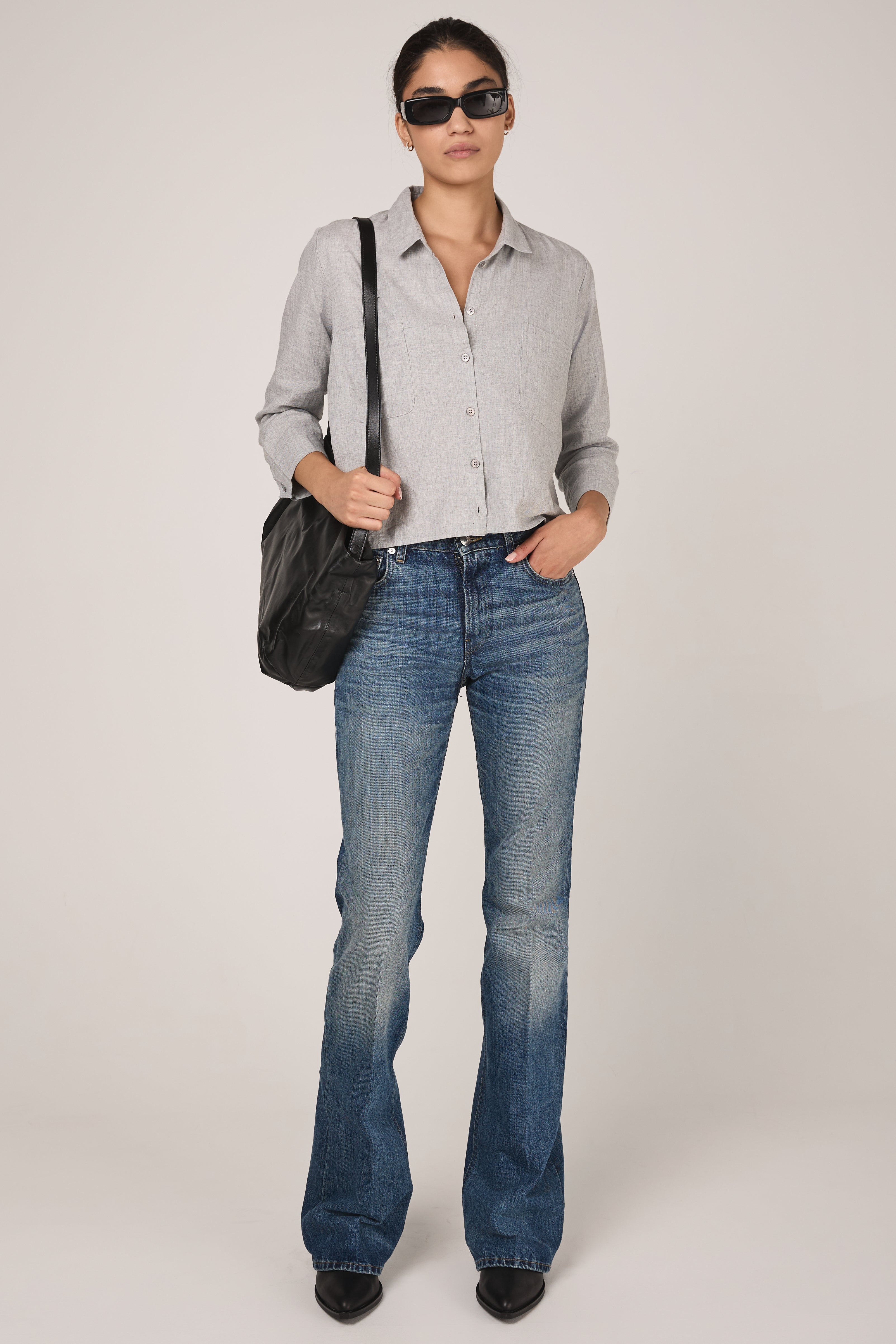 Brushed Cotton Cropped Shirt in Grey Melange