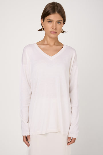 Cashmere Cotton V-Neck Pullover in White