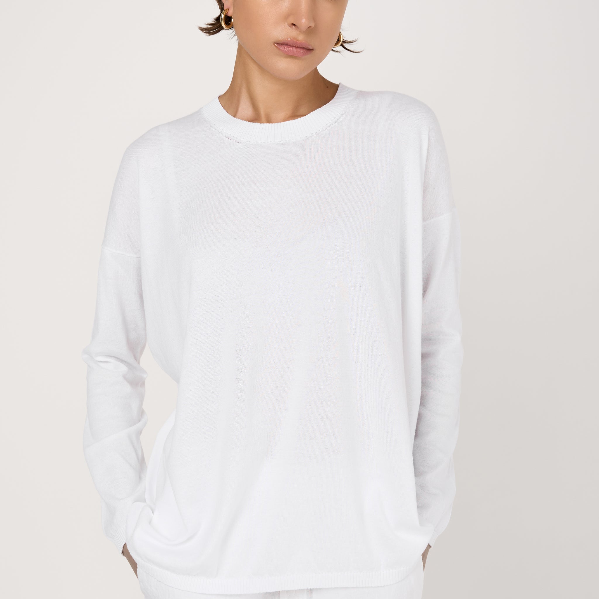 Fine Cotton Soft Knit Sweater in White