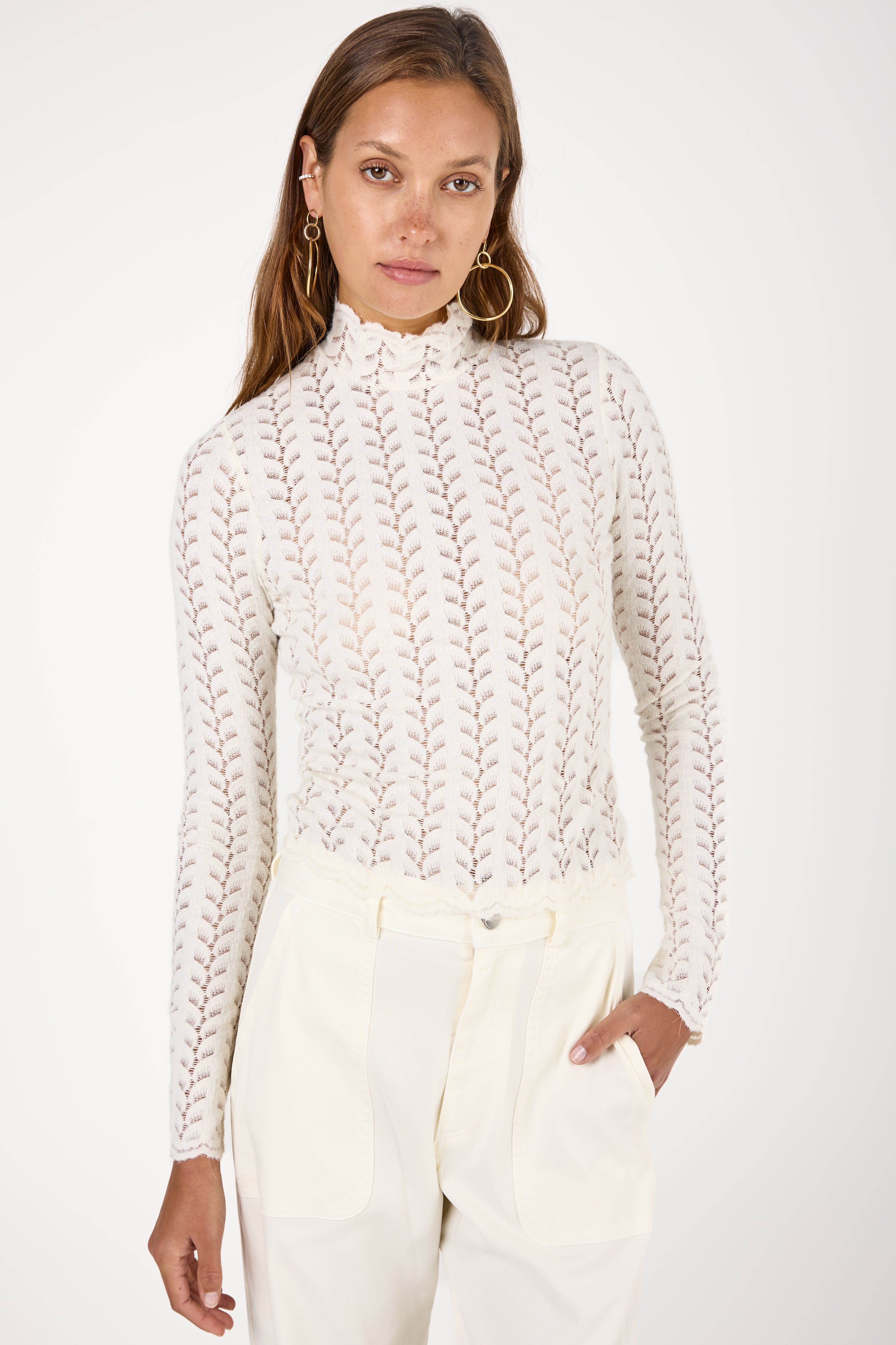 Hailey B Cropped Lace Mock Neck Top in Gardenia