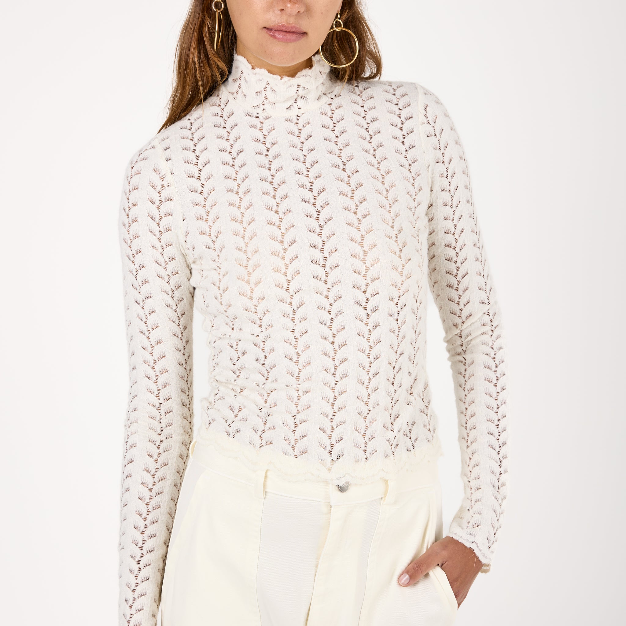 Hailey B Cropped Lace Mock Neck Top in Gardenia