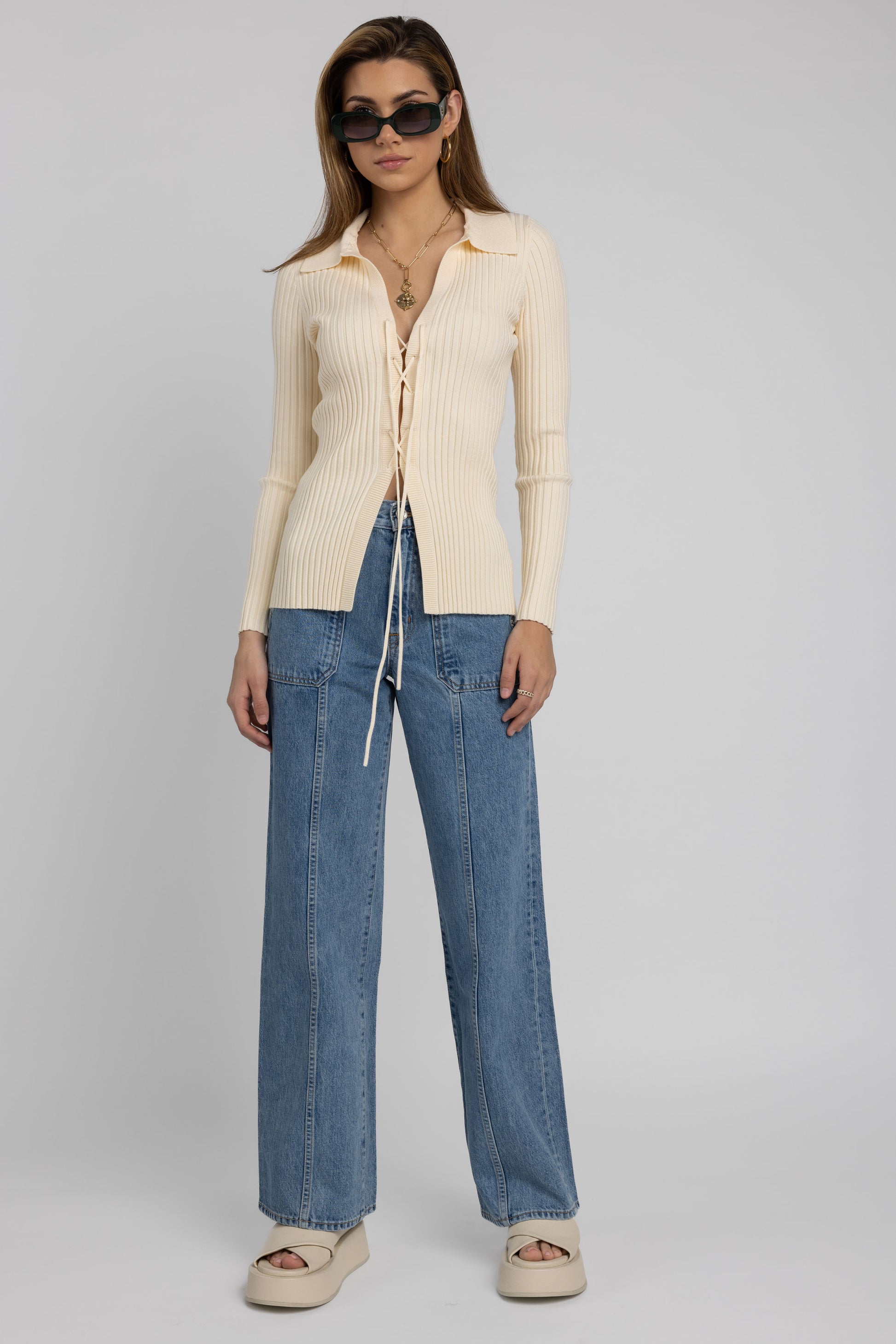 THE RANGE Viscose Knit Laced Cardigan in Light Shell