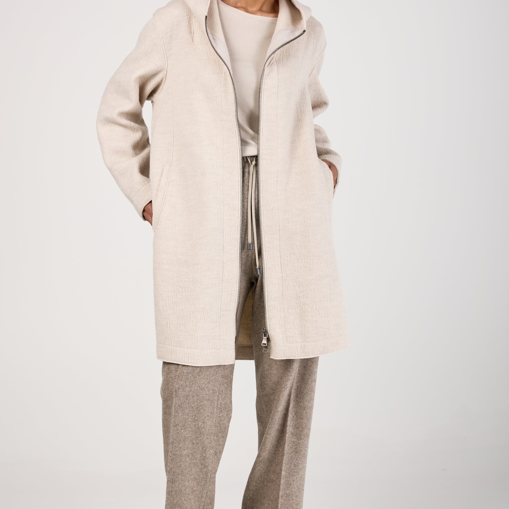 Comfort Hooded Long Wool Jacket in Ice