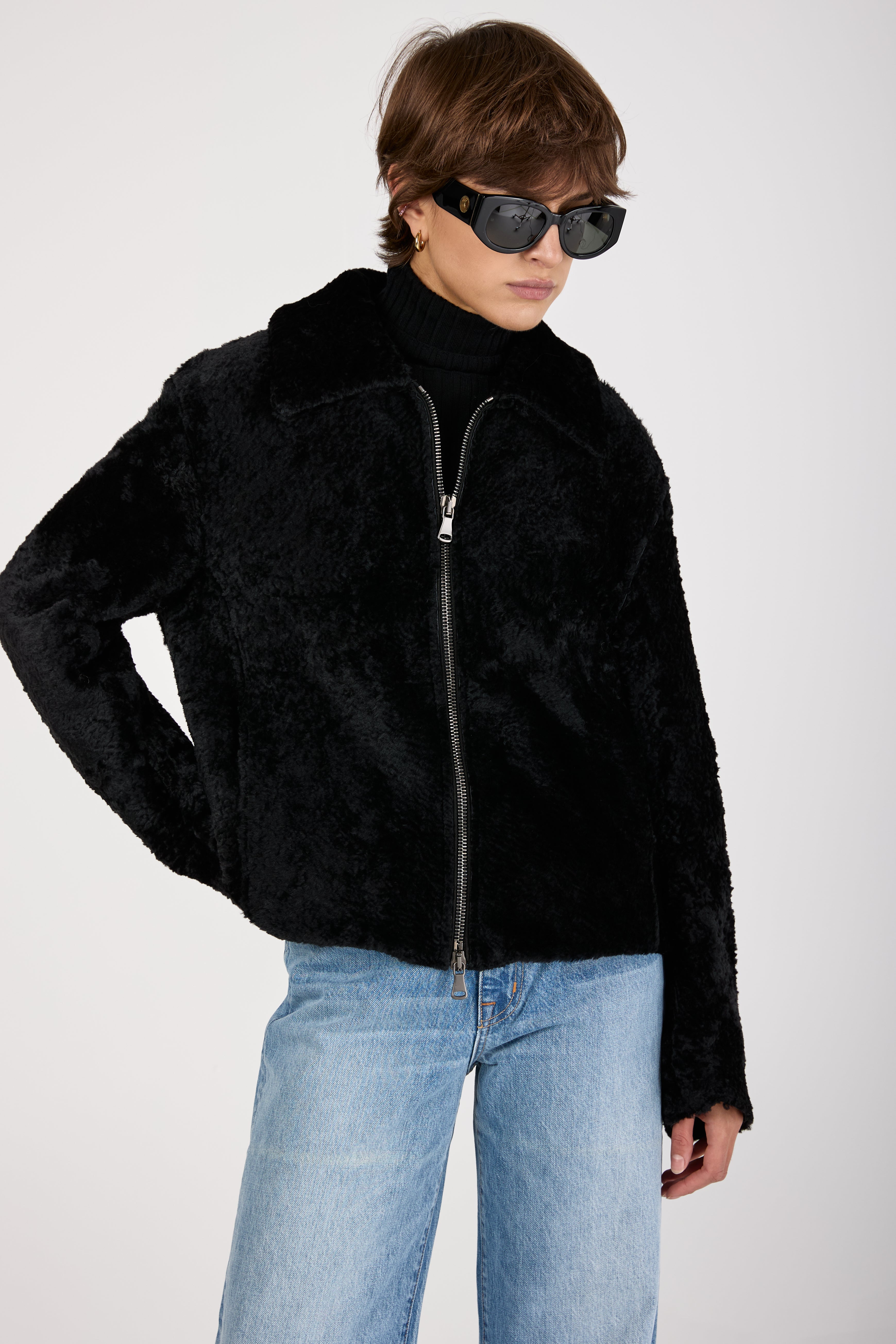 Lamb Shearling Leather Jacket in Black